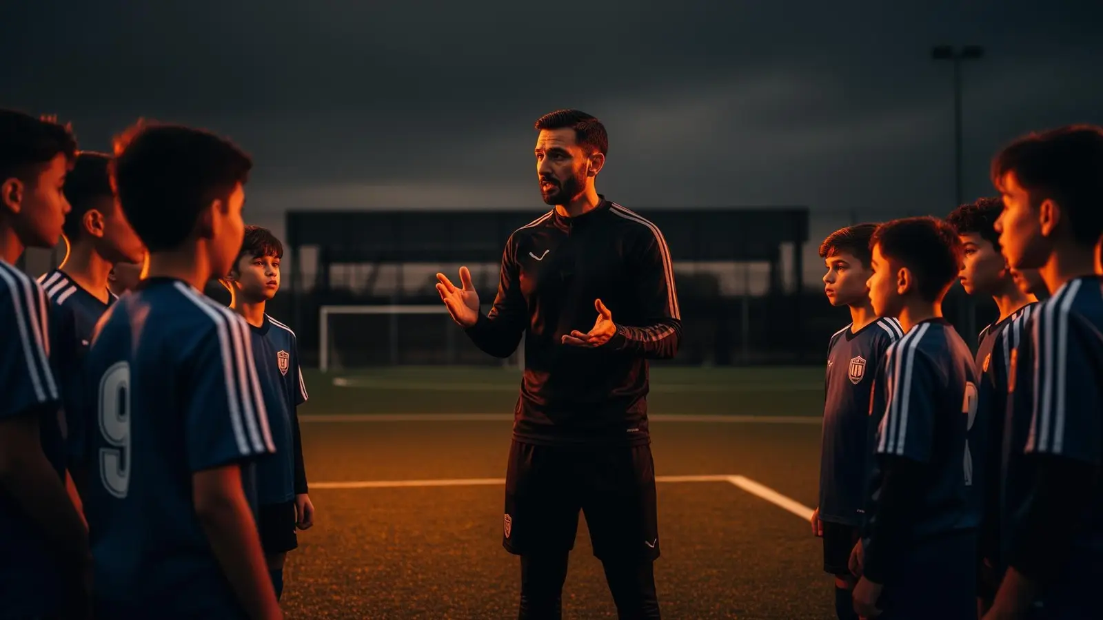 Entrenador del club recibiendo a un grupo de niños antes del entrenamiento