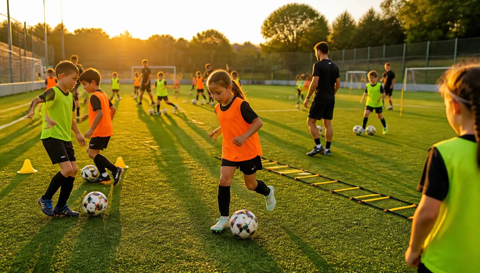 Entrenamiento de fútbol base en El Cañaveral con niños y niñas practicando ejercicios técnicos